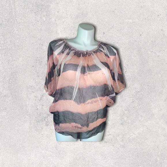 Robin K Sheer Batwing Blouse Pink Black Striped Top Size M Flowy Boho Chic - Picture 6 of 13